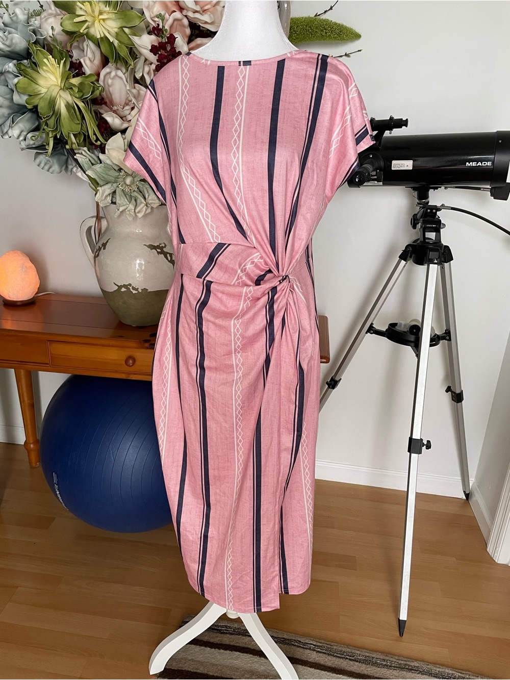 Pink Striped Knot-Waist Midi Dress